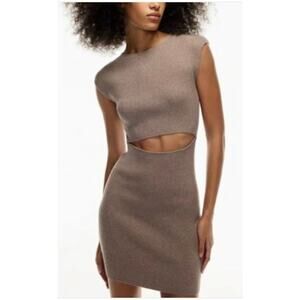 Wilfred Size Medium Cut Out Ribbed Sheath Dress Brown Crew Neck Cap Sleeves